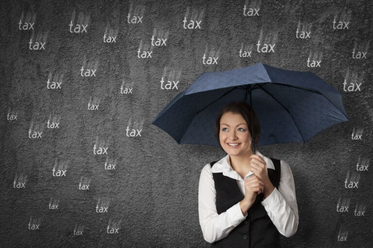 Accountant woman get cute with tax. Sly businesswoman hide and protect herself under umbrella against raining tax. Tax optimization concept.